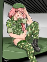 1boy army astolfo_(fate) beret brazil brazilian brazilian_army cosplay drawskeiichi fate/grand_order fate_(series) femboy light-skinned_male male male_only military military_uniform otokonoko penis penis_out solo
