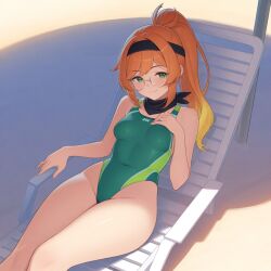 ai_generated bandana beach_chair breasts ginger glasses green_eyes one-piece_swimsuit ponytail small_breasts thighs