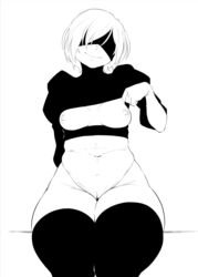 areolae blindfold breasts breasts_out female female_only khexxi leotard monochrome nier nier:_automata nipples pussy solo thighhighs yorha_2b