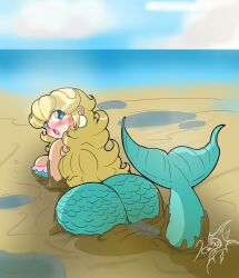 ass blue_tail breasts bubble_butt female female_only jpeg kei-waza mario_(series) mermaid mermaid_peach mud nintendo princess_peach princess_peach:_showtime! quicksand sideboob solo tail