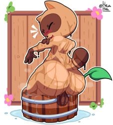 2025 anthro artist_name ass balls bathing big_butt black_nose blush brawl_stars brown_body brown_ears brown_fur brown_tail bucket canid canine closed_eyes container digital_media_(artwork) flower fur genitals karikhuri leaf male mammal multicolored_body multicolored_fur pink_flower plant raccoon_dog rear_view smile solo sprout_(brawl_stars) supercell_(company) tail tanuki text thick_thighs three-quarter_view tongue two_tone_body two_tone_fur two_tone_tail water