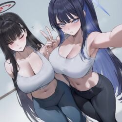 2girls ai_assisted armpits black_hair blue_archive blue_eyes blue_hair blush crop_top one_eye_closed parted_lips peace_sign red_eyes rio_(blue_archive) saori_(blue_archive) selfie sportswear thick_thighs tights truck-kun_art truck_kun white_crop_top