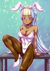 1girls beyblade beyblade_x big_breasts blush breasts bunny_ears bunnysuit cleavage dark_skin dark_skinned_female female female_focus female_only heels long_hair nanairo_shiguru sigrid_nana-iro sitting_on_table solo takara_tomy three_tone_hair tight_clothing