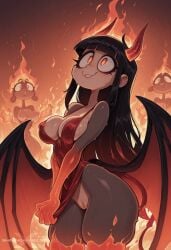 ai_generated angel333 ash_skin atmospheric black_hair blunt_bangs cute demon demon_girl demon_horns demon_queen demon_tail demon_wings demoness elemental_humanoid fire fire_body fire_eyes freckles grey_skin hell horns large_breasts lava long_hair makeup monster monster_girl pussy pussy_exposed red_dress red_eyes shiningangel333 smile sweat tail undressing velvet_dress wings
