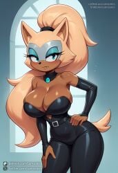 ai_generated animal_ears animal_nose artist_name bare_shoulders big_hair blonde_hair blue_eyes blush breasts closed_mouth collar collarbone covered_navel cumsonics dark-skinned_female dark_skin detached_collar elbow_gloves female furry furry_female gloves hand_on_own_hip large_breasts long_hair looking_at_viewer metadata_request model_request patreon_username ponytail shiny signature snout solo sonic_(series) standing tail thighs twitter_username very_long_hair watermark web_address whisper_the_wolf
