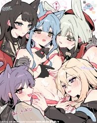 5girls amoris_(bang_dream!) animal_ears ascot bang_dream! bang_dream!_it's_mygo!!!!! beret black_gloves black_hair blonde_hair blue_eyes blue_hair blush breasts capelet cat_ears cat_girl cat_tail clothing_cutout commentary_request controller doloris_(bang_dream!) gangbang gloves green_background green_hair grey_gloves groping group_sex hair_between_eyes harem hat highres holding holding_remote_control kemonomimi_mode kyou_039 long_hair medium_breasts medium_hair misumi_uika mortis_(bang_dream!) mortis_(costume)_(bang_dream!) mouth_hold multiple_girls nipples oblivionis_(bang_dream!) open_mouth pink_eyes purple_eyes purple_hair pussy rabbit_ears rabbit_girl red_capelet red_hat remote_control remote_control_vibrator sex_toy shirt short_hair shoulder_cutout sweatdrop tail timoris_(bang_dream!) togawa_sakiko vibrator wakaba_mutsumi white_ascot yahata_umiri yellow_eyes yuri yuutenji_nyamu