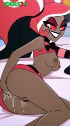 2025 ai_generated anal anal_orgasm breasts dark-skinned_female ends34 female female_only fingering fingering_self hand_on_ass hazbin_hotel medium_breasts pussy pussy_juice red_eyes red_hair velvette