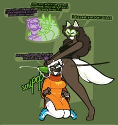 2dickgirl 2futas bottomless cum cumming dark-skinned_female dark-skinned_futanari dog_ears dog_tail ear_fuck ear_penetration english english_text futanari homestuck jade_harley knot knotted_penis leaking_cum leaking_through_clothing on_knees partially_clothed partially_nude rose_lalonde text text_box trans_woman transfem x-ray xenopavilia
