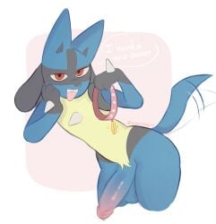 absurd_res anthro balls big_penis bodily_fluids canid canine canis collar domestic_dog english_text generation_4_pokemon genitals good_boy hi_res looking_at_viewer lucario male mammal nintendo nude penis pokemon pokemon_(species) roleplay sikesmort solo sweat text upside_down_penis