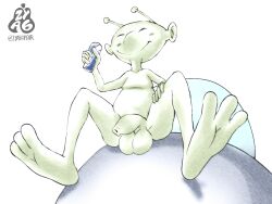 3_toes 5_fingers alien balls beverage feet fingers genitals hi_res humanoid low-angle_view male nude penis redbull smile soda solo toes ufo zyasixpear
