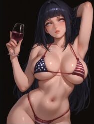 1girls ai_generated american_flag_bikini big_breasts black_hair breasts female_only hand_up huge_breasts hyuuga_hinata looking_at_viewer naruto naruto_(series) pulling_hair simple_background