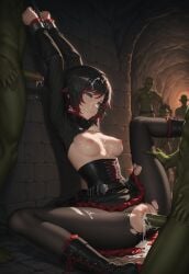 ai_generated black_hair black_pantyhose boots breasts cave corset cum cum_drip cum_in_pussy cum_inside cum_on_body cum_on_breasts cum_on_face dungeon excessive_cum exposed_breasts exposed_pussy pantyhose penis penis_in_pussy restrained ripped_clothing ripped_clothing ripped_pantyhose ruby_rose rwby silver_eyes torn_clothes torn_clothing torn_pantyhose