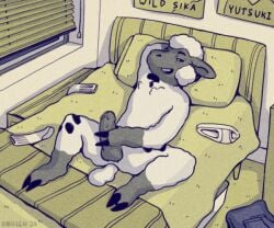 6:5 anthro bed bedroom bedroom_eyes blinds bovid briefs caprine clothing domestic_sheep fingers footwear fur furniture hooved_fingers hooves looking_at_viewer male male_masturbation mammal markings masturbation narrowed_eyes nude obrien_(artist) on_bed pants_on_floor penile penile_masturbation poster seductive sheep socks solo spots spotted_markings underwear valais_blacknose white_body white_fur
