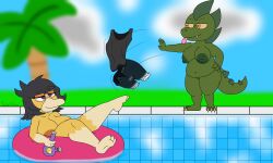 absurd_res alligator alligatorid anthro areola big_areola big_nipples bong clothing crocodilian drugs duo female generation_1_pokemon hi_res inflatable inner_tube montgomery_glands nintendo nipples nude nude_female overweight overweight_female pokemon pokemon_(species) pool psyduck reptile scalie scor-chii substance_intoxication undressing