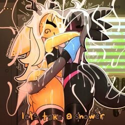1:1 amphibian anthro antlers ass axolotl big_ears big_penis black_body black_skin blonde_hair bodily_fluids clothing crop_top cum cum_in_hair cum_on_butt cum_on_face cum_on_hand cum_on_penis cum_on_self cum_on_tail deer duo erection excessive_cum excessive_genital_fluids fur genital_fluids genitals grey_hair hair heart_symbol hi_res horn hug huge_cock legwear licorice_(oxyoxyoxyox) long_hair male male/male mammal marine mole_salamander oxyoxyoxyox pattern_clothing pattern_legwear penis salamander shirt striped_clothing striped_legwear stripes t-shirt tail thigh_highs thong toffee_(oxyoxyoxyox) topwear underwear yellow_body yellow_fur