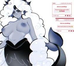 1girls accidental_repost big_breasts black_eyes black_pearl_cookie blush breasts cookie_run cookie_run_kingdom crown female female_only grey_skin jewel_on_forehead long_hair mermaid naked_female nipples requested seraphinealt white_background white_hair