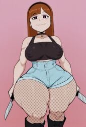 1girls ai_generated alternate_body_type alternate_breast_size areolae_visible_through_clothing bare_shoulders breasts breasts female female_focus female_only jenna_(roblox) large_thighs looking_at_viewer nipples plump_thighs roblox roblox_avatar robloxian shorts simple_background solo tagme thick_thighs thighs wide_hips