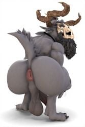 3d ai_generated anus bara black_choker brown_horns buff collar gay goatee gray_body gray_fur handsome long_bearded male_only old_man penis sagging_balls sfm skull_mask solo thick_ass wendigo white_background white_eyes