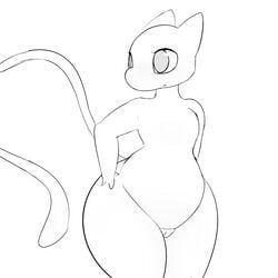 blush female hand_on_hip legendary_pokemon mew monochrome nintendo pcred566 pokemon pokemon_(species) pussy sketch solo straight_hair video_games wide_hips