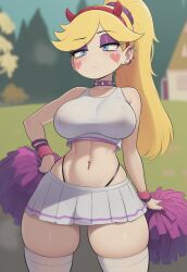 adult adult_female ai ai_art ai_generated big_ass big_breasts breasts cheerleader cheerleader_outfit cheerleader_uniform confident emo emotionless female modern_setting novelai pom_pom_(cheerleading) pom_pom_(clothes) pom_poms sassy semi_nude star_butterfly star_vs_the_forces_of_evil thick_thighs