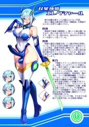 bare_shoulders blue_boots blue_eyes blue_hair boots breasts calpish commentary_request covered_penis covered_testicles female full-package_futanari full_body futanari headgear highres holding holding_sword holding_weapon intersex large_breasts leotard multiple_expressions one_eye_closed original short_hair sword thighhighs translation_request weapon white_leotard white_thighhighs