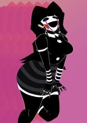 aged_up alternate_universe big_breasts black_clothing black_hair black_shirt breasts charlie_emily collared_shirt cosplay costume curvy female five_nights_at_freddy's gloves leggings long_hair looking_at_viewer marionette_(fnaf) mask masked_female pink_background puppet_(fnaf) skirt solo striped_arms striped_skirt thick_thighs white_pupils