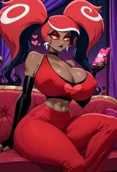 1girls ai_generated alternate_breast_size big_breasts breasts busty cameltoe cleavage curvaceous curvaceous_female curvaceous_figure curvy dark-skinned_female dark_skin demon earings female hazbin_hotel huge_breasts jewelry large_breasts massive_breasts midriff patmmp0102 pink_hair sideboob skull_earrings solo tanktop teeth twintails twintails_(hairstyle) velvette white_eyes white_highlights