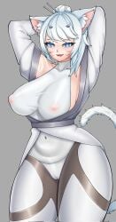 1girls animal_ear_fluff animal_ears animal_tail armpits arms_behind_head arms_up blue_eyes blush breasts cameltoe cat_ears cat_girl cat_tail catgirl clothing covered_navel covered_nipples facial_mark female female_only hair_ornament hair_stick hairpin large_breasts looking_at_viewer miqo'te navel nipples open_mouth see-through short_hair slit_pupils smile solo tail thick_thighs thighs underwear virtual_youtuber vtuber whisker_markings white_hair zeyles