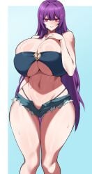 absurdres bare_arms bare_shoulders blue_background blue_panties blue_shorts blue_tube_top border breasts cleavage clothing_cutout commission cowboy_shot curvy cutoffs female hair_between_eyes hand_on_own_chest hand_up highres huge_breasts long_hair micro_shorts navel original panties panties_under_shorts panty_straps purple_hair red_eyes shadow shiny_skin shorts solo standing stomach straight-on strapless sweat thighs tiger_drop tube_top underboob underboob_cutout underwear very_long_hair white_border wide_hips