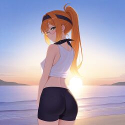 ai_generated ass bandana bike_shorts breasts ginger glasses green_eyes ponytail small_breasts tank_top thighs
