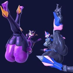 2girls 3d airachnid arcee arcee_(prime) artist_upload blender blue_eyes blue_nipples cybertronian legs_up long_tongue presenting presenting_pussy purple_eyes purple_skin robot robot_girl transformers trawert