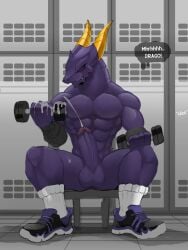 2022 abs anthro bakugan balls blush bodily_fluids bottomwear closed_eyes clothed clothing cum cum_on_hand cum_on_object digital_media_(artwork) dragon dumbbell ejaculation english_text erection exercise footwear genital_fluids genitals hi_res holding_dumbbell holding_object horn humanoid_genitalia humanoid_penis male mostly_nude muscular muscular_anthro muscular_male mythological_creature mythological_scalie mythology onomatopoeia pantsless pecs penis percival_(bakugan) profanity purple_body purple_penis scalie sellon shoes shorts sitting sneakers socks solo sound_effects spread_legs spreading text thought_bubble topless topless_anthro topless_male weightlifting weights workout yellow_horn