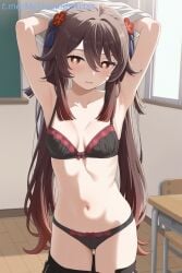 1girl 1girls ai_generated alternate_costume armpits arms_behind_head arms_up black_bra black_panties black_skirt blush bow bow_bra bow_panties bra breasts brown_hair chair chalkboard classroom cleavage clothes_pull collarbone commentary_request cowboy_shot desk female flower flower-shaped_pupils genshin_impact hair_between_eyes hair_flower hair_ornament hu_tao_(genshin_impact) indoors long_hair looking_at_viewer medium_breasts multicolored_hair navel open_mouth panties parted_lips plum_blossoms red_eyes red_flower school_chair school_desk sidelocks skirt skirt_pull small_breasts solo standing stomach symbol-shaped_pupils tassel tassel_hair_ornament thighs twintails underwear undressing very_long_hair white_shirt window zelanell
