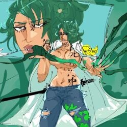 1girls 2025 aramaki_(one_piece) big_breasts big_lips breasts breasts_out censored_nipples clothing coat convenient_censoring curvaceous curvy curvy_female curvy_figure devil_fruit devil_fruit_power female female_only flower_in_hair genderswap_(mtf) green_eyes green_fingers green_hair japanese_text jeans katana large_breasts large_lips long_fingers looking_at_viewer marine_(one_piece) mori_mori_no_mi one_piece paddachachi pants pelvic_line rule_63 short_hair solo solo_female standing sunglasses tan_skin tan_skinned_female tattoo tattoo_on_breast tattoo_on_chest topless torn_pants wide_hips