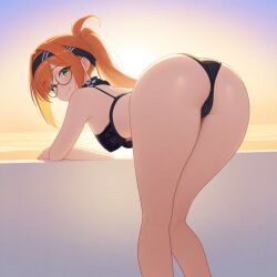 ai_generated bandana bra breasts butt_focus ginger glasses green_eyes panties ponytail small_breasts thighs
