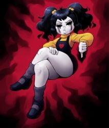 aged_up annoyed before_sex black_hair black_overalls black_tears breasts cassidy_(fnaf) clothed curvy female five_nights_at_freddy's ghost ghost_girl grey_skin looking_at_viewer mary_janes no_pupils outta_sync red_aura sitting small_breasts socks solo thick_thighs thumbs_down turtleneck twintails yellow_sweater yellow_turtleneck
