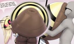 anthro arthropod arthropod_abdomen arthropod_abdomen_genitalia ass bee bent_over big_butt black_sclera blonde_hair blossom_(thousandfoldfeathers) clothing dialogue dress duo english_text female female_anthro genitals hair human human_on_anthro hymenopteran insects interspecies looking_at_viewer looking_back looking_back_at_viewer male male/female mammal mandibles panties presenting rear_view red_eyes smile text thousandfoldfeathers underwear yellow_body