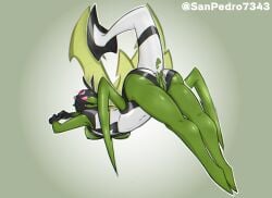 1girls alien alien_girl all_fours ben_10 bug chaquetrix green_body green_skin presenting presenting_hindquarters ripped_clothing sanpedro7343 stinkfly