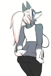 2:3 animated anthro ass big_breasts black_bottomwear black_clothing black_pants bottomwear bouncing_breasts breasts bubble_butt butt_jiggle canid canine canis chest_tuft closed_eyes clothing digital_media_(artwork) female female_anthro fingers fur grey_body grey_fur grin hair half-closed_eyes jiggling kemono long_hair looking_back mammal narrowed_eyes no_sound okami_bark ookamiwaho pants ponytail pulling_pants_down seductive shirt short_playtime simple_background smile solo tagme tail tank_top teeth topwear tuft video video white_background white_body white_clothing white_fur white_hair white_shirt white_tank_top white_topwear wolf