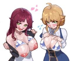 2girls aisha_greyrat big_breasts big_nipples breasts green_eyes maid_uniform mushoku_tensei norn_greyrat red_hair seductive seductive_eyes seductive_look seductive_pose shy siblings sisters swimsuit yellow_hair ysan
