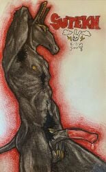 absurd_res animal_genitalia animal_penis anthro armpit_hair armpit_tuft balls bodily_fluids body_hair colored deity different_colored_ears ear_piercing ear_ring egyptian egyptian_mythology equine_genitalia equine_penis erection eyeliner genital_fluids genitals gold_(metal) gold_jewelry hi_res jewelry makeup makoyino male middle_eastern_mythology muscular muscular_male mythology penis piercing precum presenting pubes ribs ring_piercing set_(deity) set_(species) solo tail touching_balls traditional_media_(artwork)
