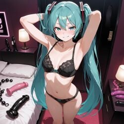 1girls ai_generated anal_beads armpits bed bra dildo femdom hatsune_miku panties smirk solo standing