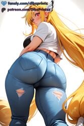 1girls ai ai_assisted ai_generated anime artist_name ass ass_focus astraea_(sora_no_otoshimono) black_bra blonde_hair blush breasts denim dibzprintz fansly female from_behind from_below hi_res high_quality high_resolution highres jeans large_breasts long_hair looking_at_viewer looking_back low-tied_long_hair pants parted_lips patreon_logo patreon_username red_eyes shirt short_sleeves simple_background solo sora_no_otoshimono thick_thighs thighs torn_clothes torn_jeans torn_pants very_long_hair watermark web_address white_background white_shirt