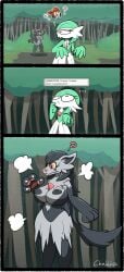 alternate_color black_hair chabble claws fangs fur gardevoir green_hair lycanthrope may_(pokemon) mightyena monster monster_girl pawpads paws pokemon pokemon_(species) red tail transformation waving werewolf werewolf_girl werewolf_transformation