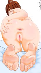 1girls anus ass_focus ass_grab ass_pull barefoot brown_hair doggy_style feet female foot_fetish foot_focus looking_at_viewer looking_back_at_viewer pussy sibi_(sibi_artist) simple_background simple_eyes smile soles tardan07 vagina