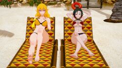 2girls beach beach_chair bikini bikini_bottom bikini_top black_hair black_hair_female blonde_female blonde_hair female female_only indrick_[artist] long_hair long_hair_female multiple_girls ocean purple_eyes robotic_arm ruby_rose rwby silver_eyes yang_xiao_long