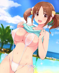 :d bare_arms bare_shoulders blue_shirt blue_sky breasts brown_eyes brown_hair cameltoe cloud collarbone covered_nipples day eyebrows eyebrows_visible_through_hair female glint groin hair_ornament hair_scrunchie heart heart_necklace horizon idolmaster idolmaster_cinderella_girls jewelry large_breasts lillithlauda looking_at_viewer navel nipples ocean one-piece_swimsuit open_mouth palm_tree pendant plant pool puffy_nipples ribbon scrunchie see-through shirt short_hair sky sleeveless sling_bikini smile solo stomach summer swimsuit tank_top tareme totoki_airi tree undressing white_ribbon white_swimsuit