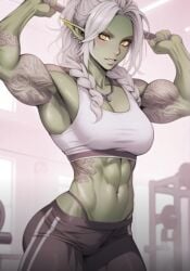 abs ai_generated alone amber_eyes armpits arms_up blushing breasts clothed clothing earrings ears female female_only fit fit_female green_skin gym holding_object lifting lifting_weights looking_at_viewer medium_ass medium_breasts medium_hair mirskaa muscular muscular_arms muscular_female muscular_legs muscular_thighs necklace orc orc_female original original_character panties strong strong_female sweat_pants tank_top tattoo thick_thighs tight_clothing toned toned_arms toned_belly toned_body toned_female toned_legs toned_stomach wearing_clothes white_hair