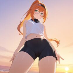 ai_generated bandana bike_shorts breasts ginger glasses green_eyes ponytail small_breasts standing_over_viewer tank_top thighs
