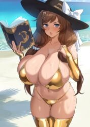 absurdres beach bikini blue_eyes blush book breasts brown_hair curvy female gold_bikini gold_thighhighs granblue_fantasy hair_ornament hat highres holding holding_book huge_breasts lancer24 long_hair looking_at_viewer navel open_mouth outdoors raziel_(granblue_fantasy) solo sweat swimsuit thighhighs thong_bikini